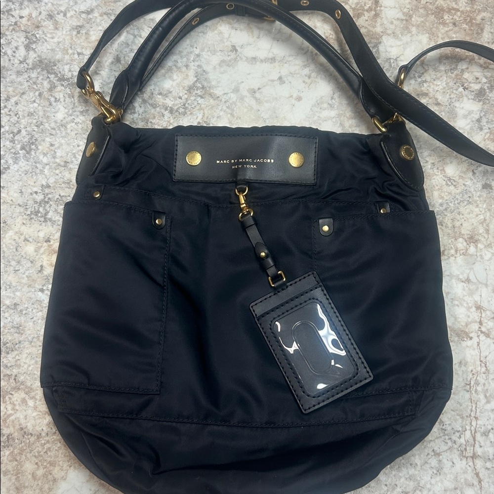 Marc Jacobs Preppy Hillier Nylon Hobo Black Shoulder Bag with Gold Accent